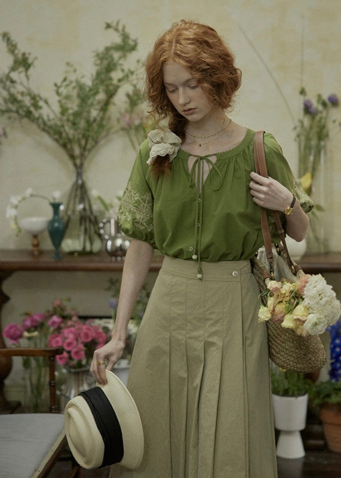 Willow Garden Embroidered Blouse | Romantic Green Cotton Shirt