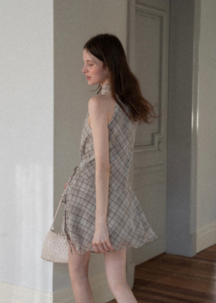 Sable Check Halter Wrap Mini Dress