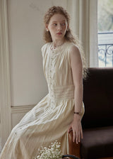 Ivory Lace Pintuck Button Front Midi Dress Sleeveless Vintage