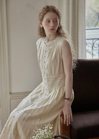 Ivory Lace Pintuck Button Front Midi Dress Sleeveless Vintage