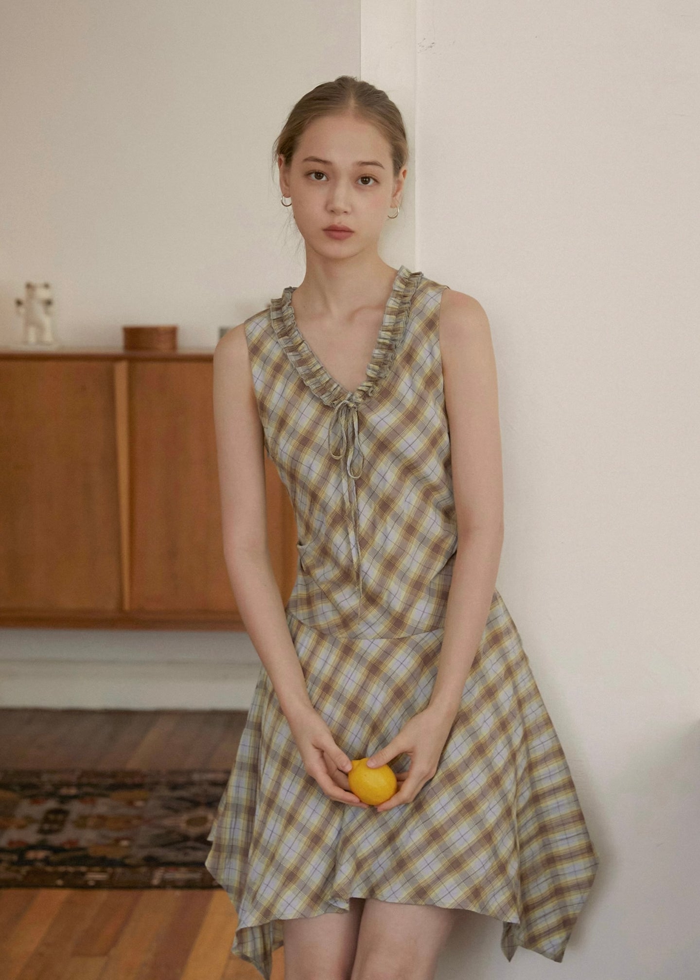 Lemon Past Days Check Ruffle Sleeveless Vintage Plaid Dress