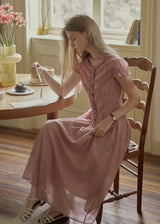 Soft Gathered Front Ruffle Pink A-Line Long Dress
