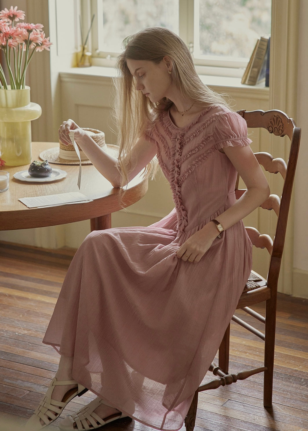 Soft Gathered Front Ruffle Pink A-Line Long Dress