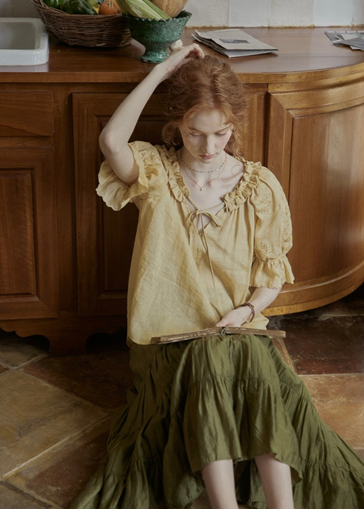 Amber Ruffle Bloom Blouse | Vintage Yellow Embroidered Top