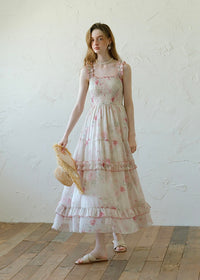 Rosette Waltz Tiered Floral Smocked Strap Dress