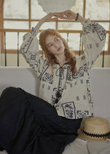 Meadow Folk Tie Blouse | Vintage Navy Print Peasant Top