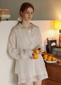 Morning Haze Soft Stripe Set | Pastel Vintage Shirt & Shorts Outfit