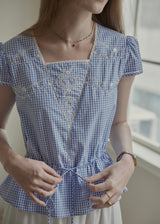 Elodie Blue Gingham Embroidered Tie-Waist Blouse