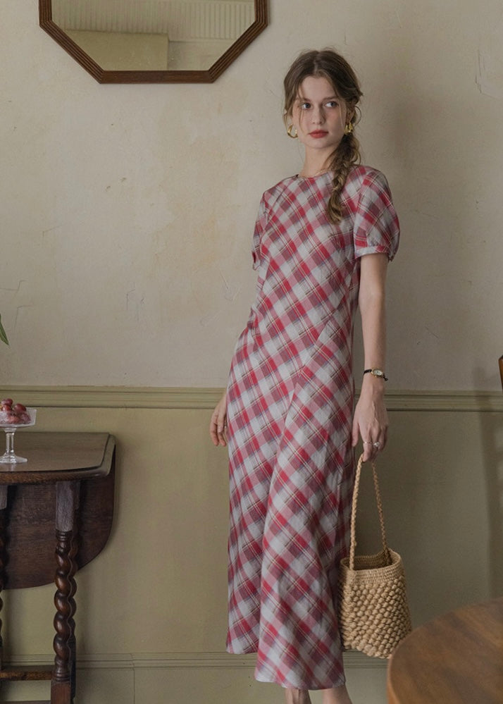 Pink Plaid Ruched Summer Dress