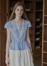 Elodie Blue Gingham Embroidered Tie-Waist Blouse