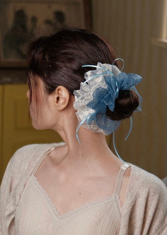 Blue Gingham Lace Vintage Hair Scrunchie