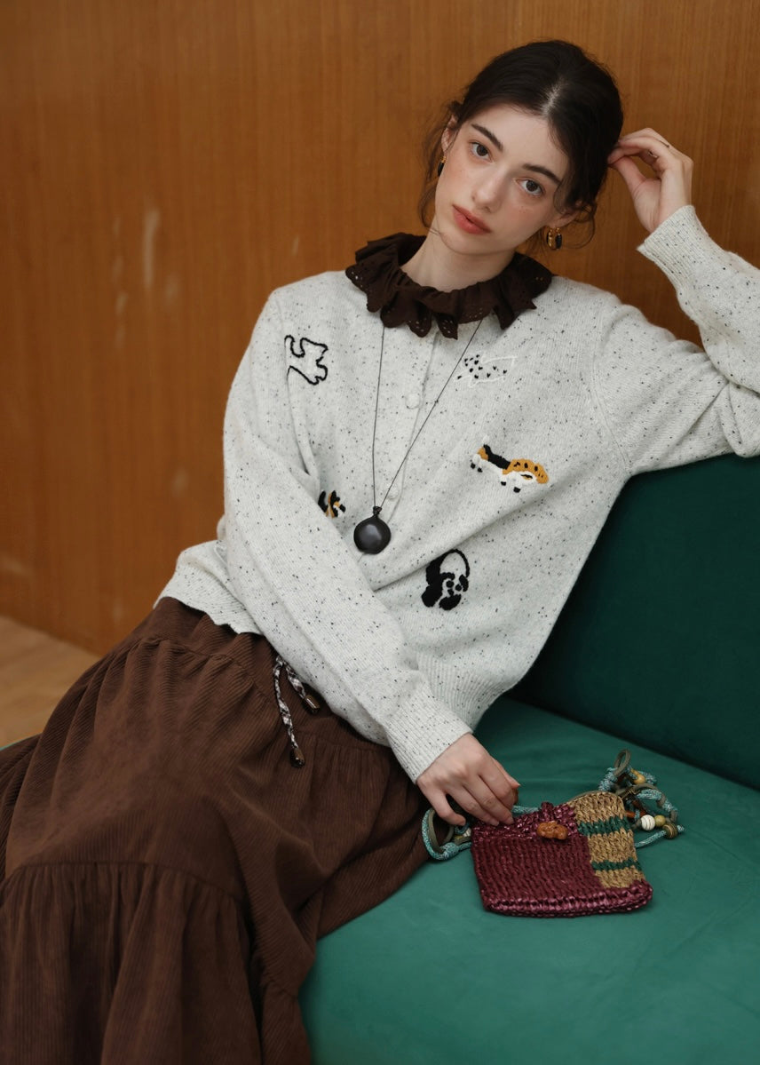 Little Friends Embroidery Knit Wool Cardigan(2COLOR)
