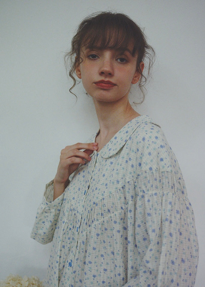Blue Floral Cotton Nightdress Peter Pan Collar Long Sleeve Vintage Loungewear