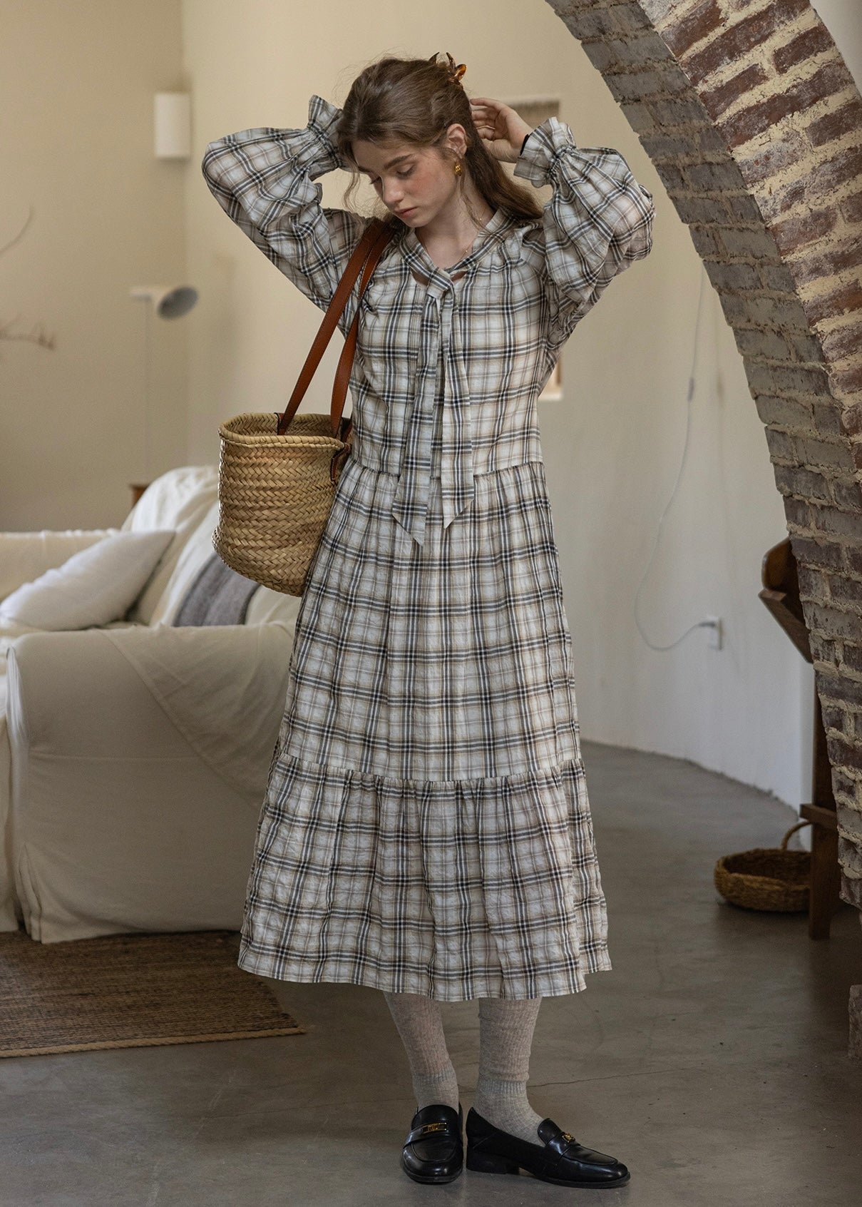 Vintage Check Long Sleeve Tiered Dress