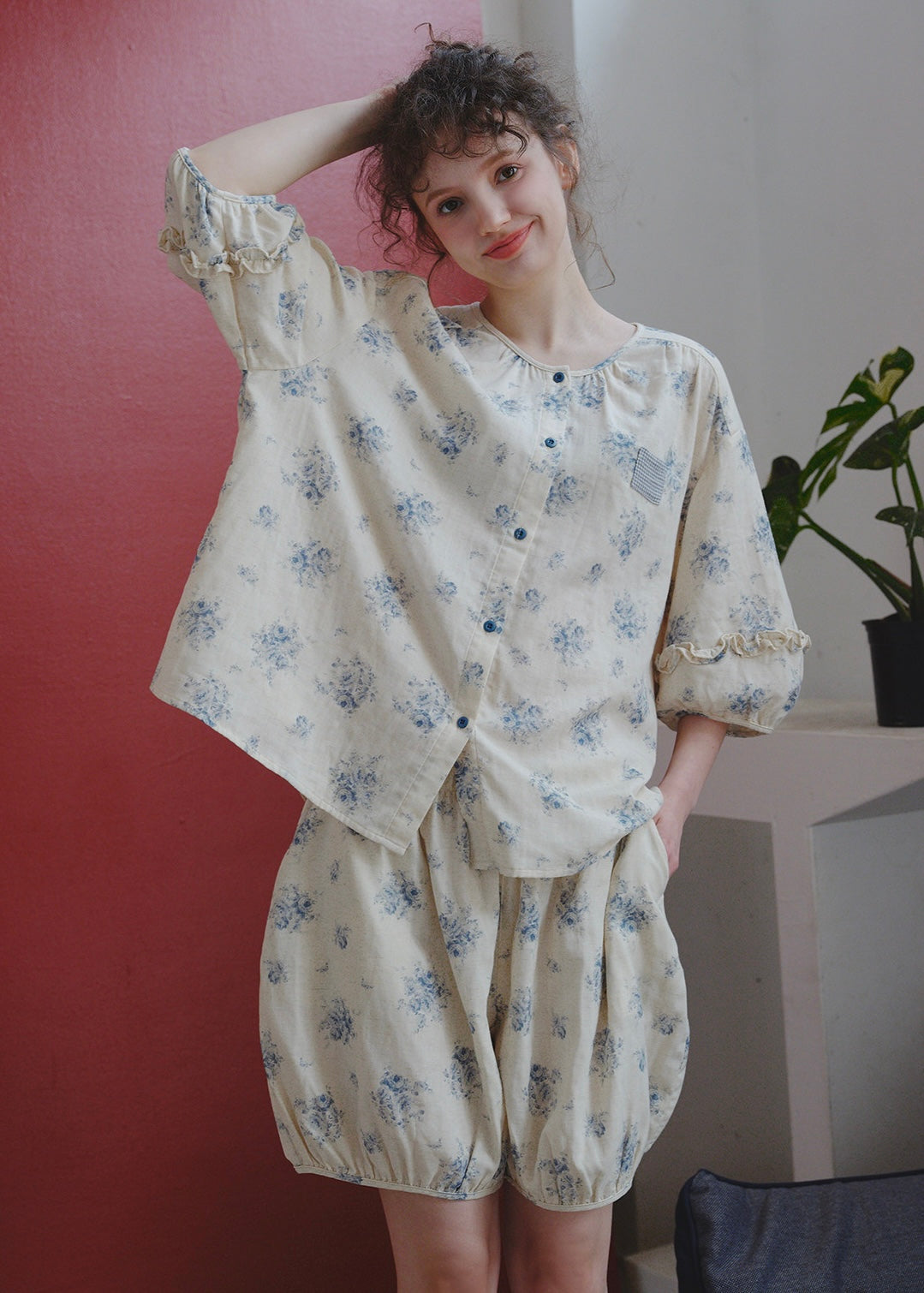 Blue Breeze Cotton Gauze Pajama Set Floral Loose Fit Summer Homewear