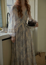 Ash Mist Blue Vintage Print Long Sleeve Dress