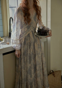 Ash Mist Blue Vintage Print Long Sleeve Dress