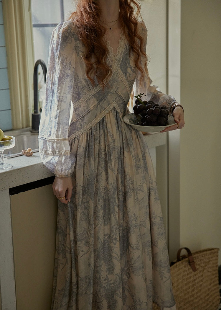 Ash Mist Blue Vintage Print Long Sleeve Dress