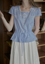 Elodie Blue Gingham Embroidered Tie-Waist Blouse