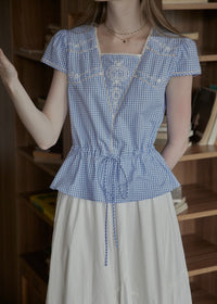 Elodie Blue Gingham Embroidered Tie-Waist Blouse