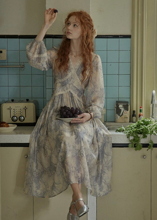 Ash Mist Blue Vintage Print Long Sleeve Dress