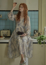 Ash Mist Blue Vintage Print Long Sleeve Dress