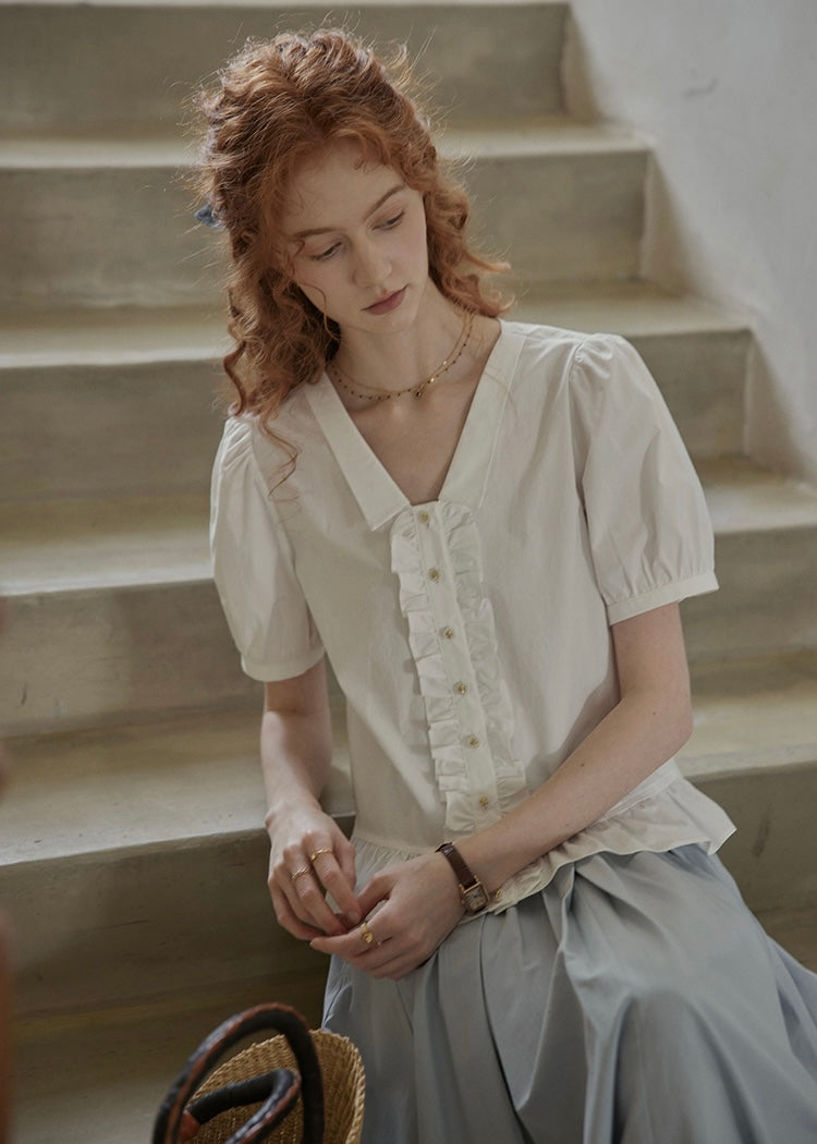 Classic Puff Sleeve Ruffle Button Blouse