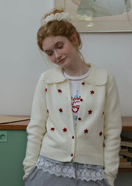Vintage Floral Embroidered Collared Knit Cardigan