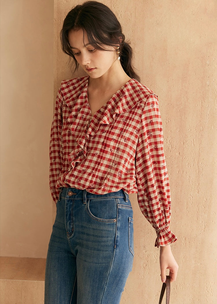 Rosie Ruffle Blouse | Vintage Red Gingham Floral Embroidered Top