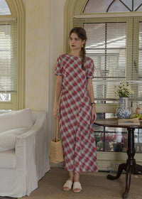Pink Plaid Ruched Summer Dress