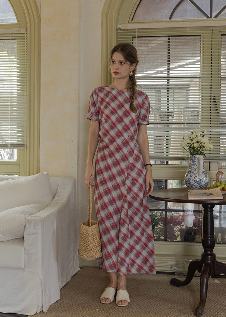 Pink Plaid Ruched Summer Dress