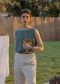 Lemon Noon Check Vest Top | Linen Cotton Sleeveless V-Neck Shirt(2COLOR)