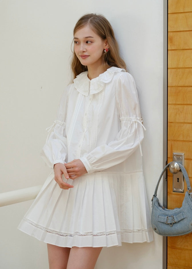 White Vintage Doll Collar Ruffle Pintuck Mini Dress