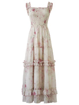 Rosette Waltz Tiered Floral Smocked Strap Dress