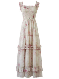 Rosette Waltz Tiered Floral Smocked Strap Dress