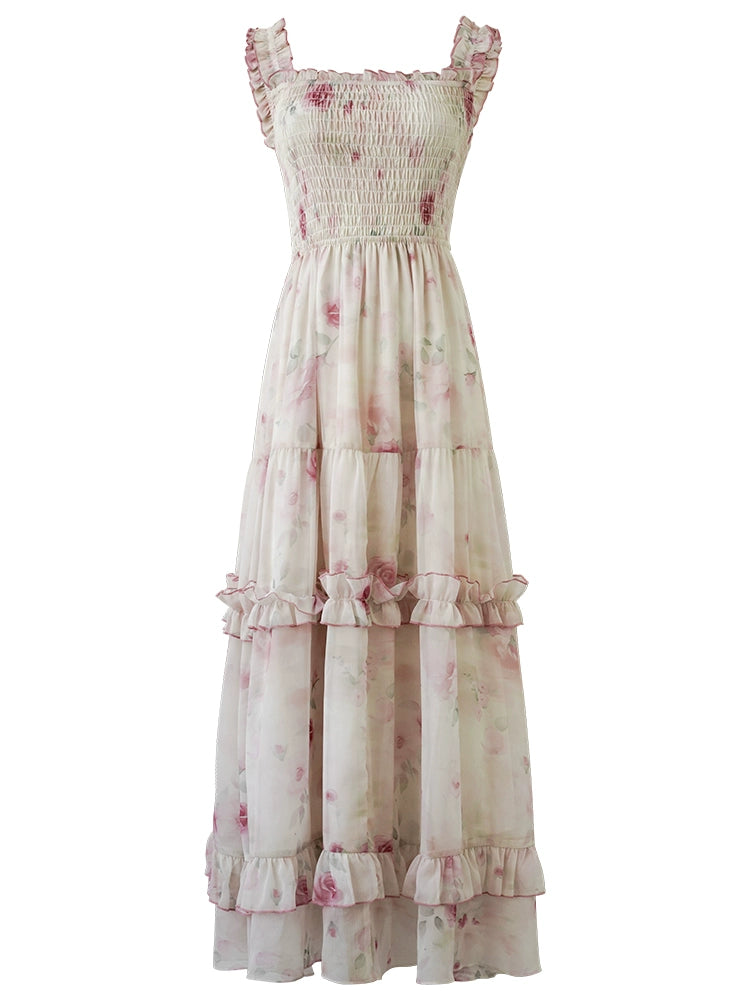 Rosette Waltz Tiered Floral Smocked Strap Dress