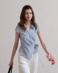 Elin Sky Wrap Tie Short Sleeve Blouse