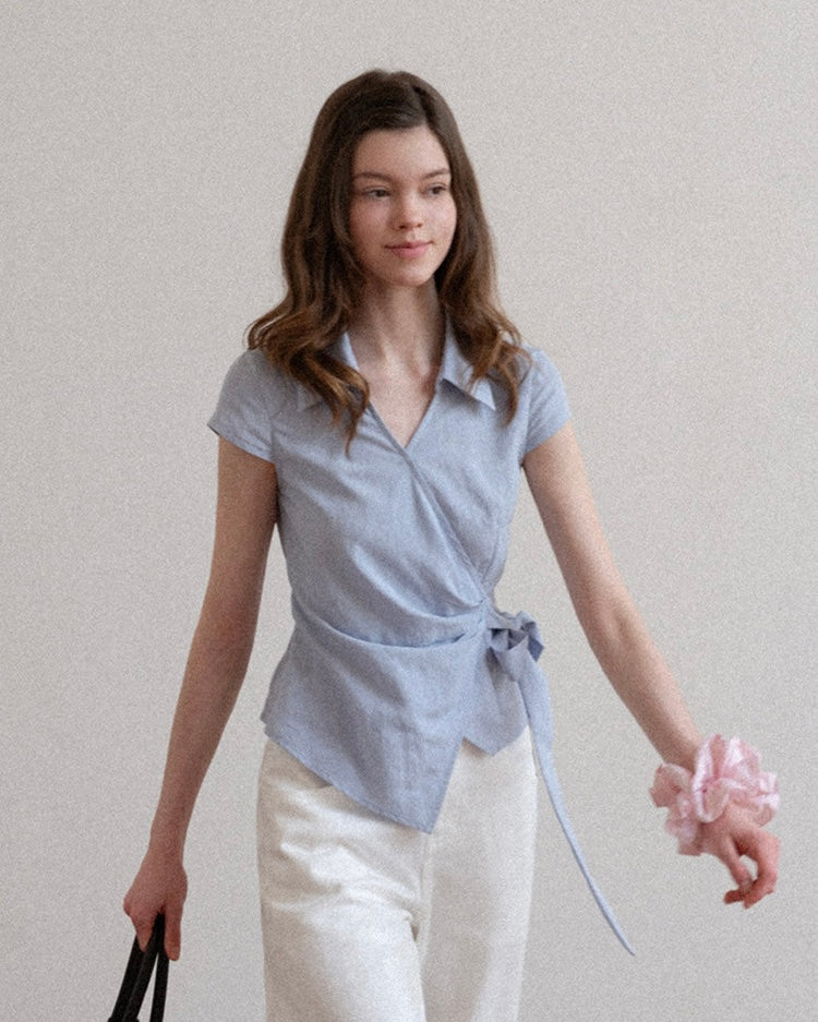 Elin Sky Wrap Tie Short Sleeve Blouse