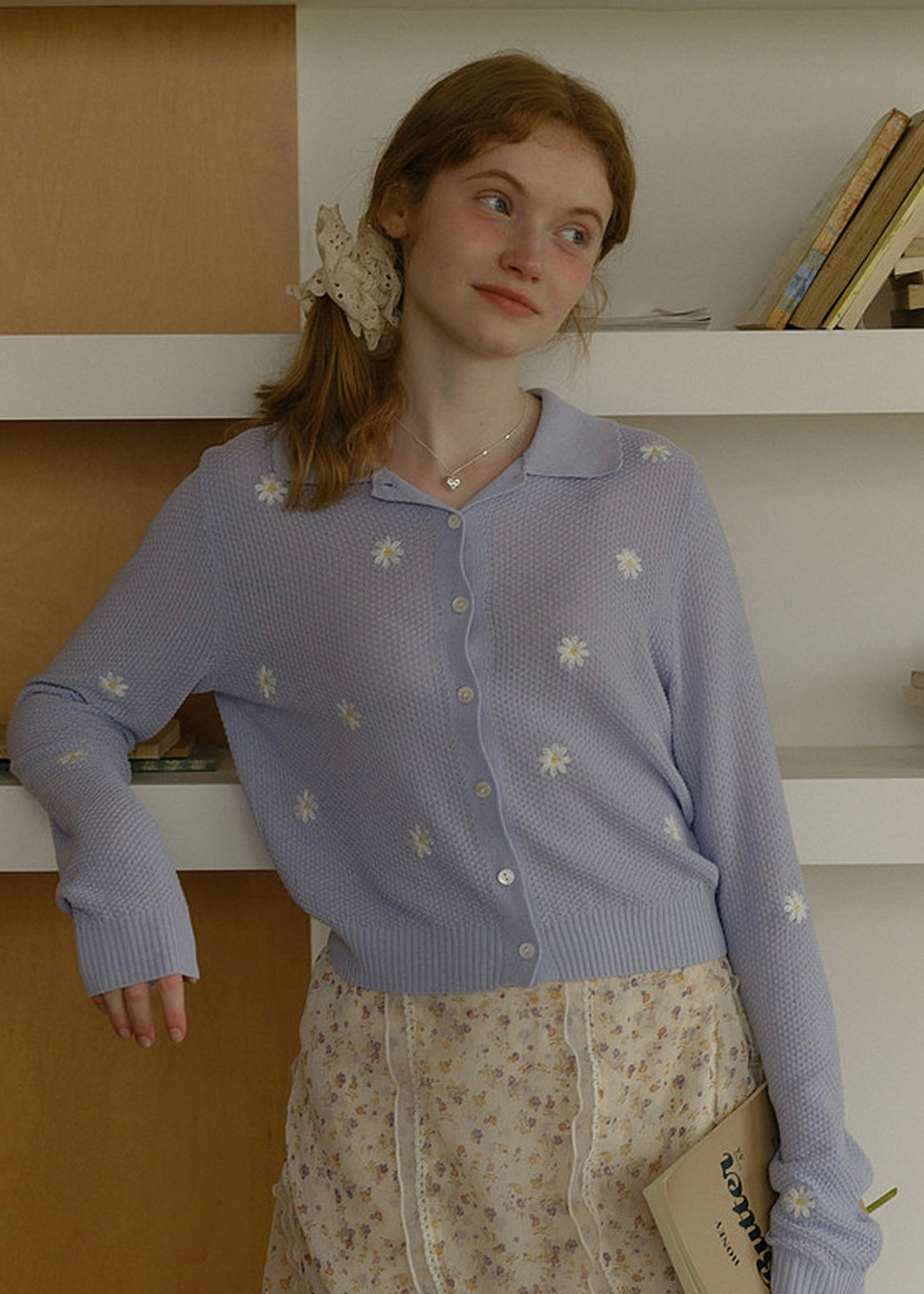 Violet Blooming Season Lilac Daisy Embroidered Knit Cardigan