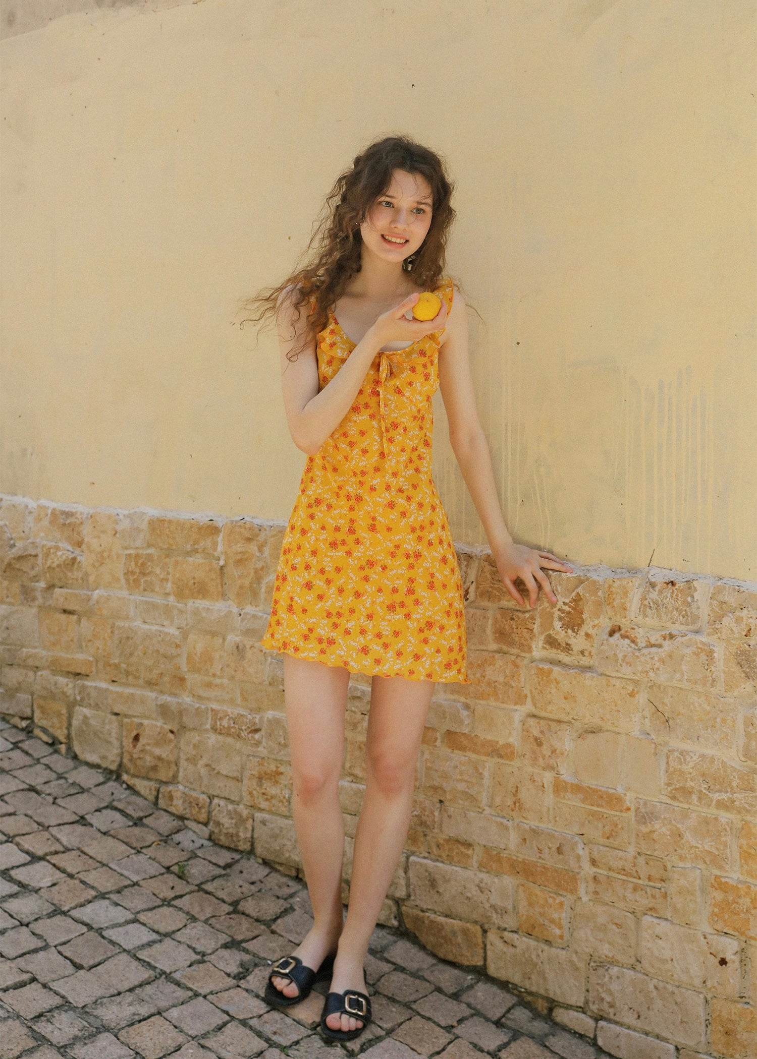 Golden Meadow Floral Ribbon Mini Dress