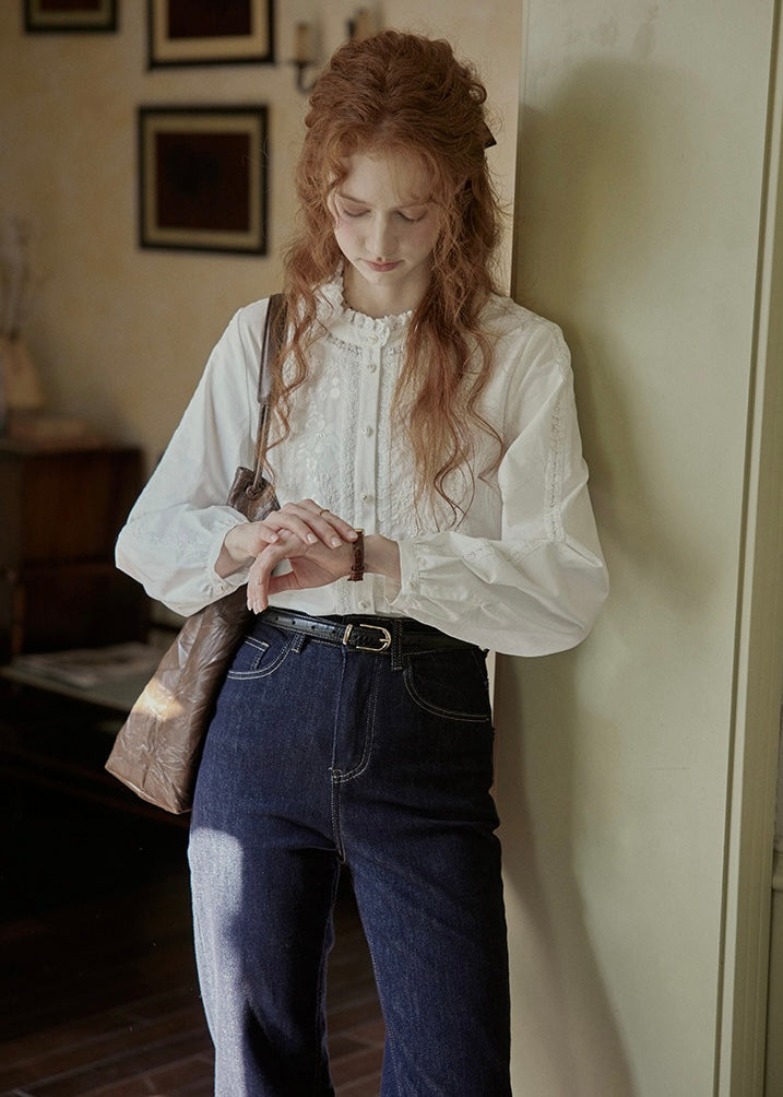 Lace Embroidered French Vintage White Blouse