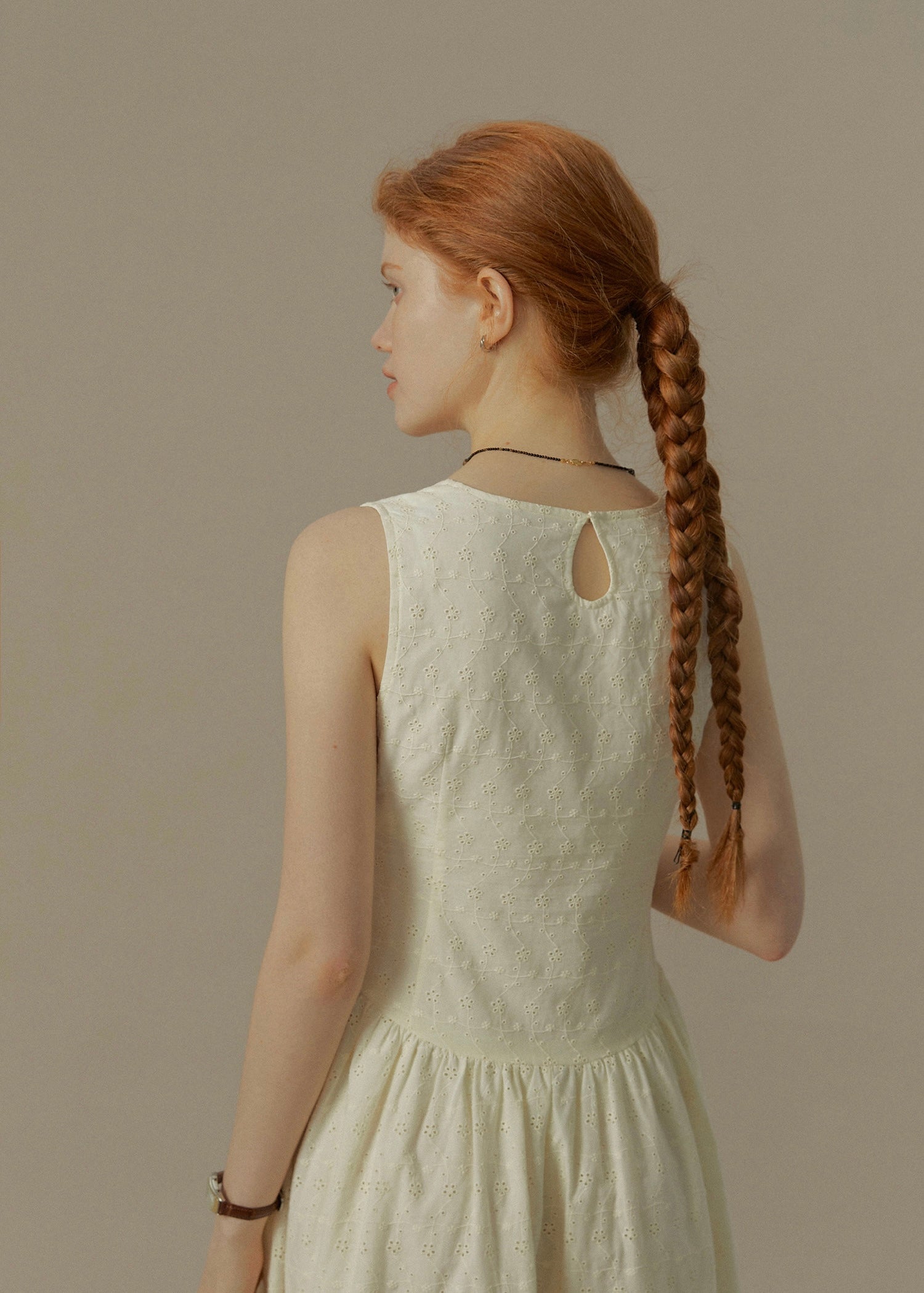 Warm Ivory Textured Sleeveless A-Line Dress