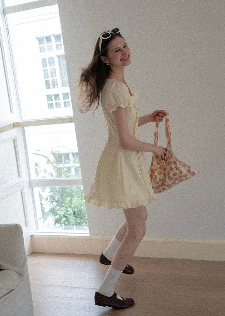 Lemon Meringue Soft Glow Vintage Puff Sleeve Mini Dress