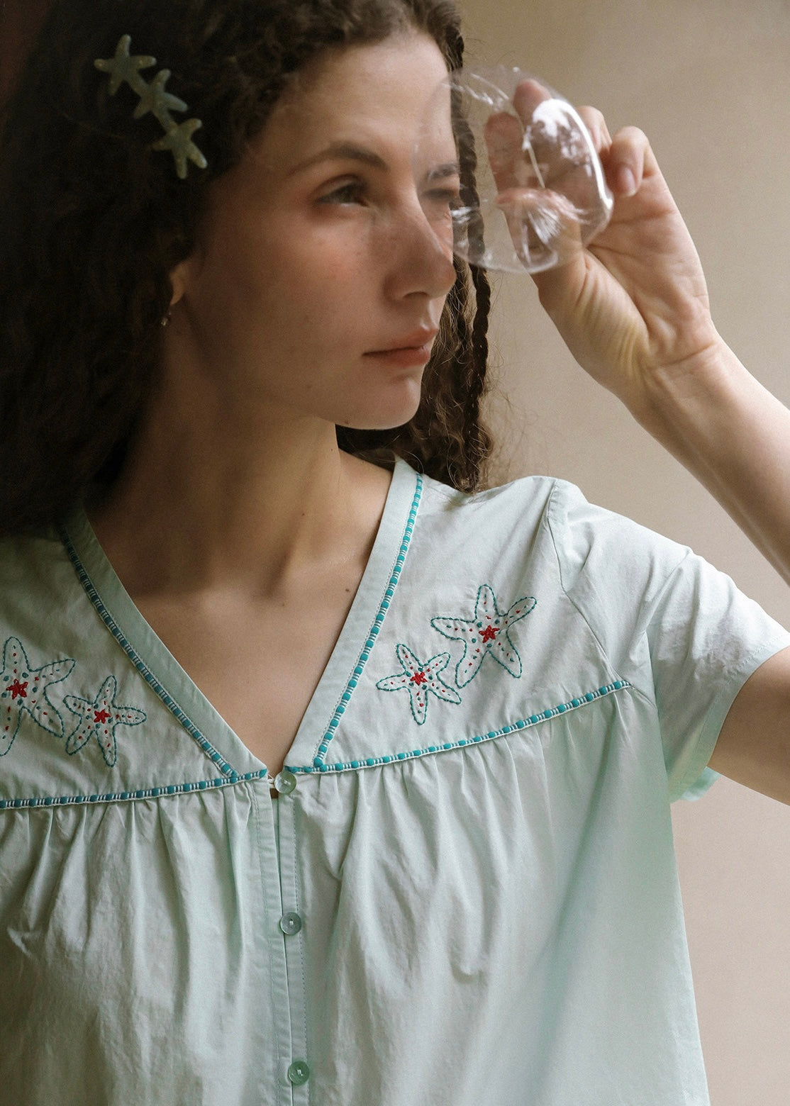 Seabreeze Starfish Embroidered Vintage Cotton Summer Blouse