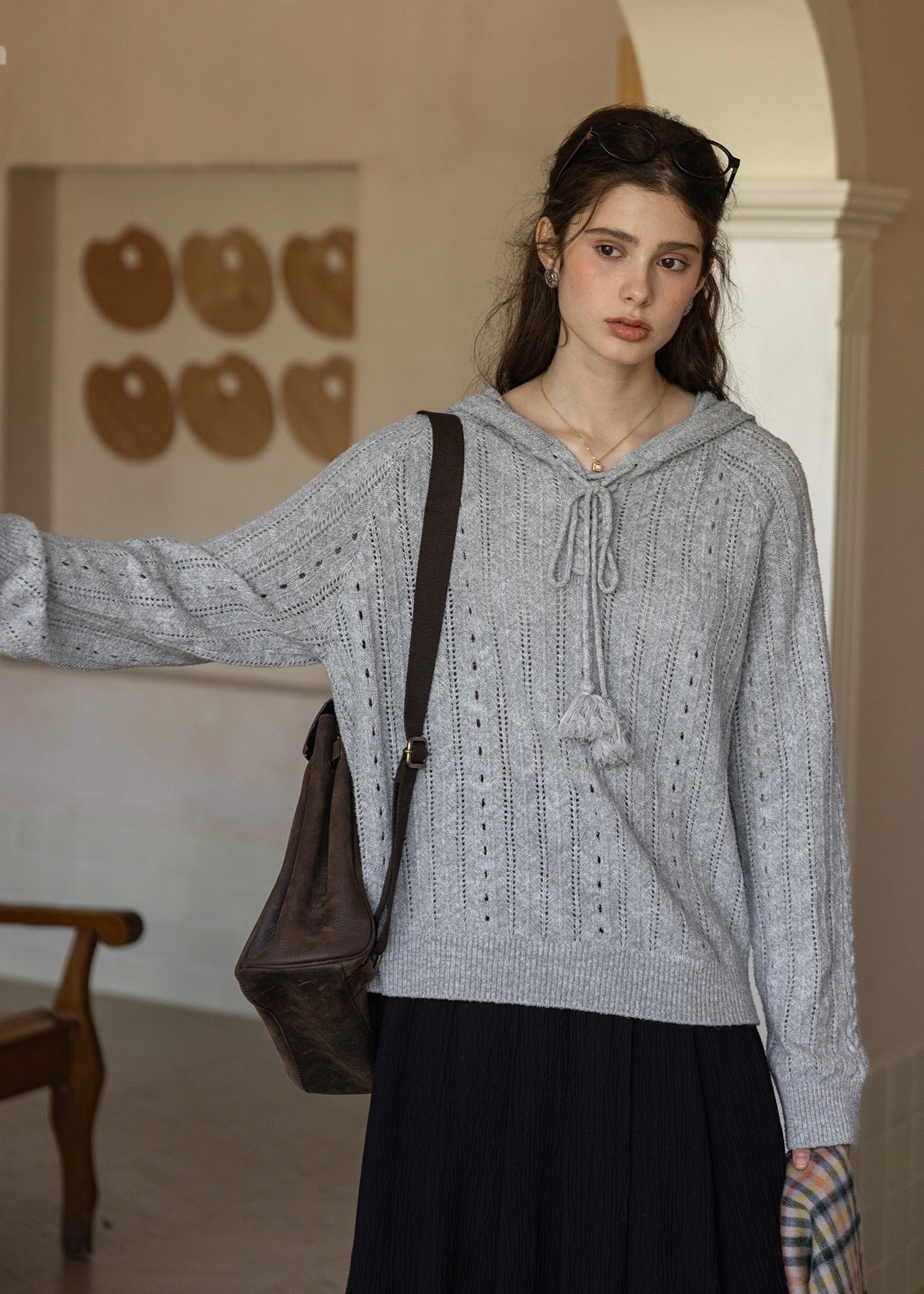 Soft Lattice Vintage Knit  Pullover Hoodie(2COLOR)