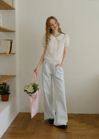 Evelyn Eyelet Blouse | Vintage White Cotton Shirt with Pintuck and Lace Collar