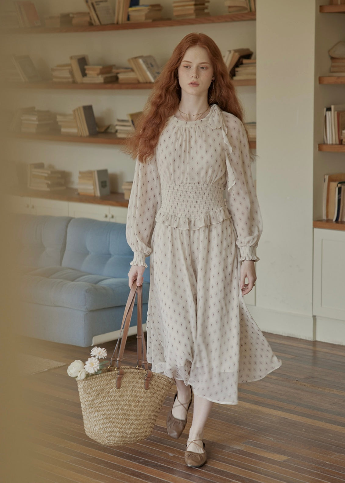 Vintage Floral Smocked Waist Ruffle Neck Long Dress