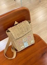 Woven Straw Backpack with Cottage Embroidery