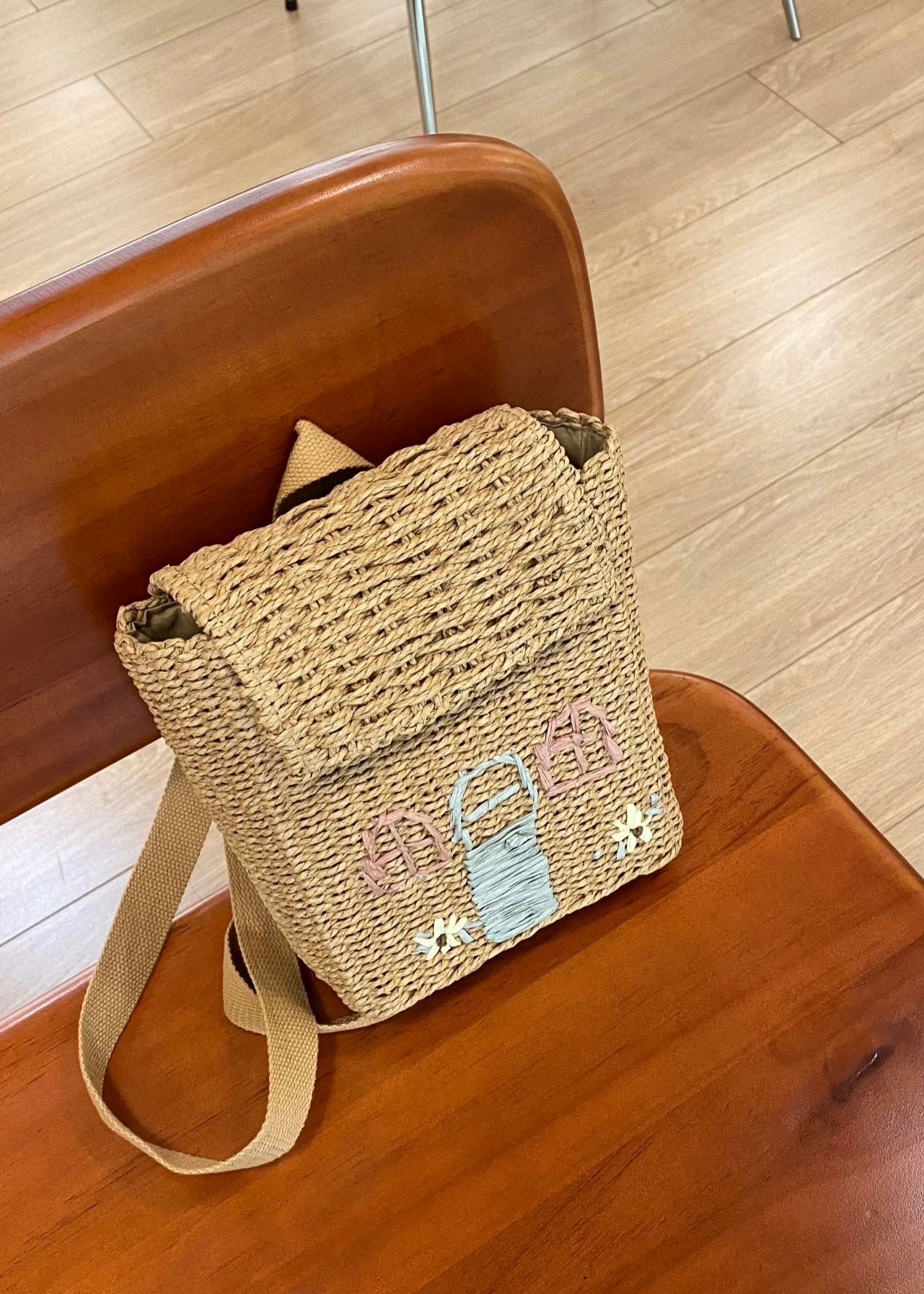 Woven Straw Backpack with Cottage Embroidery