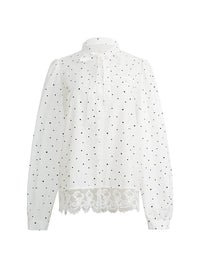 Romantic Polka Dot Lace Trim Blouse with Tie Neck